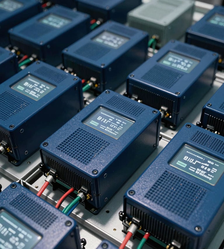 Portrait-oriented close-up of a complex industrial inverter unit with visible wiring, crisp white typography on screens, sharp shadows, deep blue and emerald tones, technical detail.