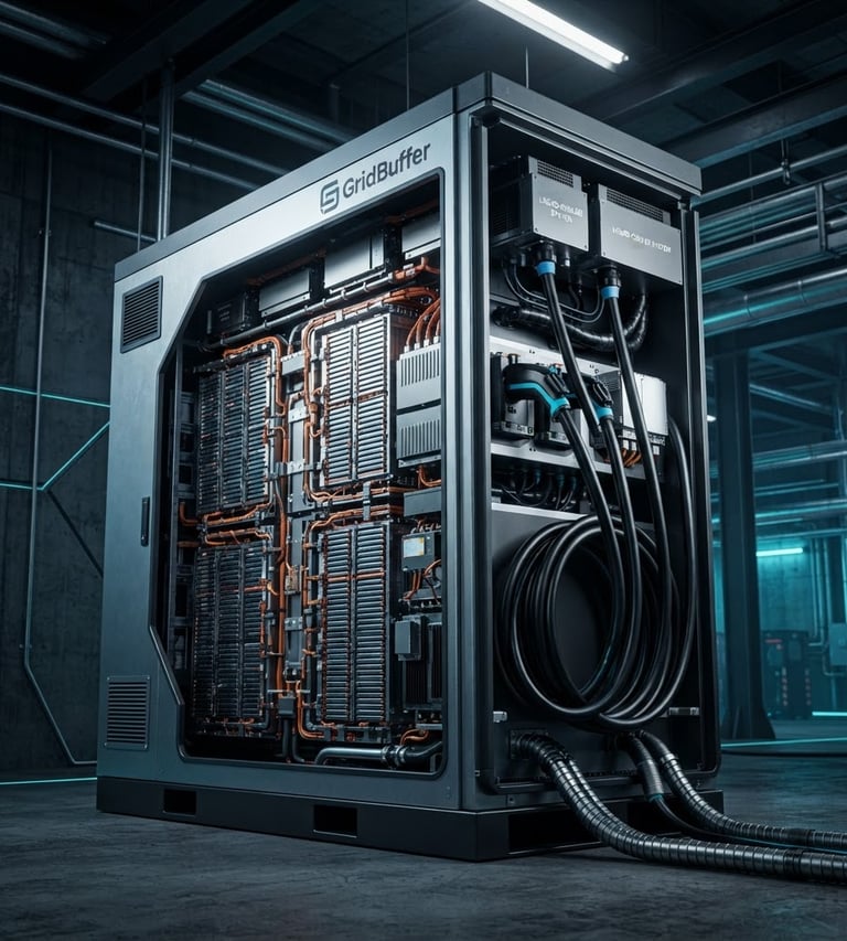 Technical CAD rendering of a GridBuffer 3-gun DC fast charging cabinet, showing internal battery storage racks and liquid-cooled cables, against a dark industrial background with electric cyan accents, sharp architectural lighting, low angle.