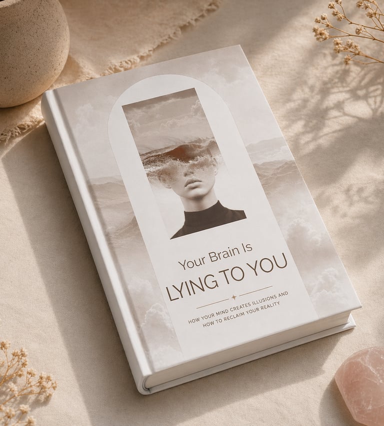 A hardcover book titled Your Brain Is Lying To You on a neutral aesthetic background with dried flowers.