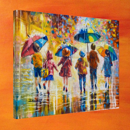 a painting of a group of children walking in the rain