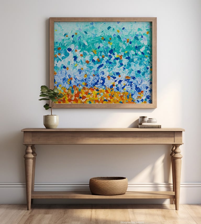 a colorful abstract painting of a wave on a beach