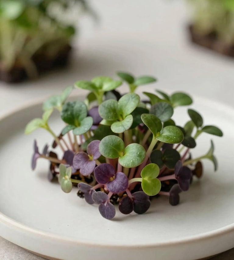 Macro photography of deep green and purple microgreens on an off-white ceramic surface, natural soft morning light, North American fine dining studio setting.