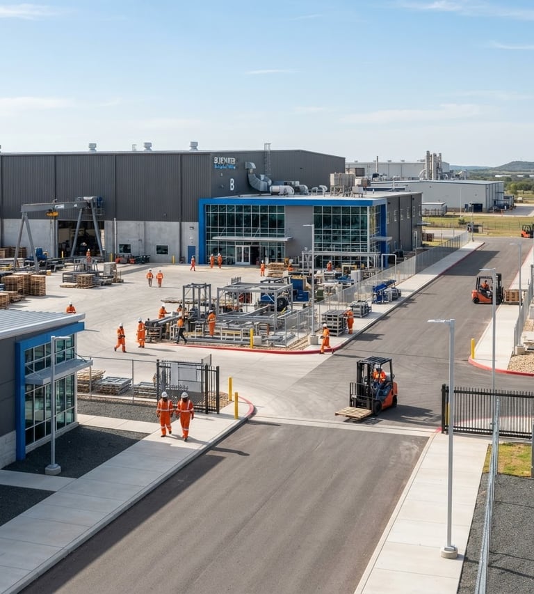 Wide shot of a modern, clean industrial site, high-vis workers in distance, bright daylight, safety blue and charcoal tones, sharp focus.