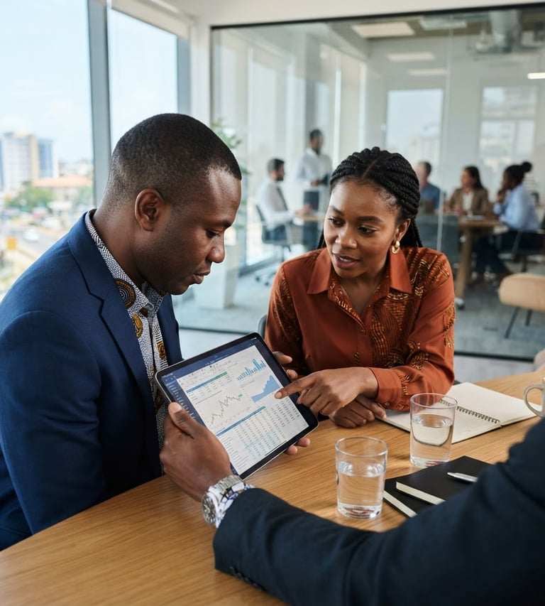 Modern West African business leaders analyzing financial documents on a tablet, clean corporate interior, natural daylight, over-the-shoulder perspective, sharp focus, modern editorial.