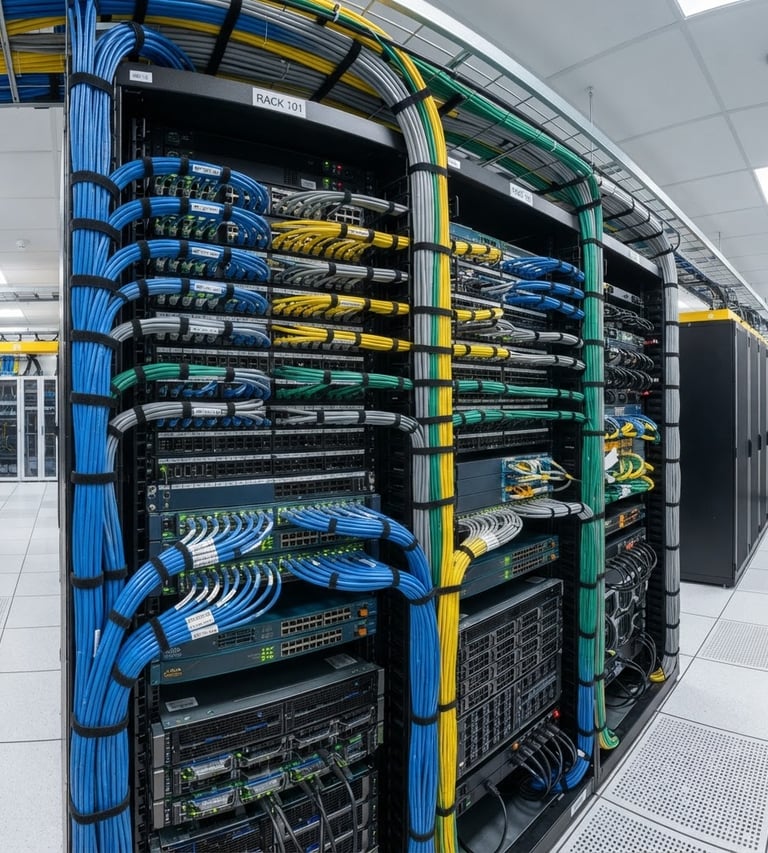 Wide panoramic shot of perfectly dressed structured cabling bundles, neatly organized and labeled within a server rack, crisp commercial lighting.
