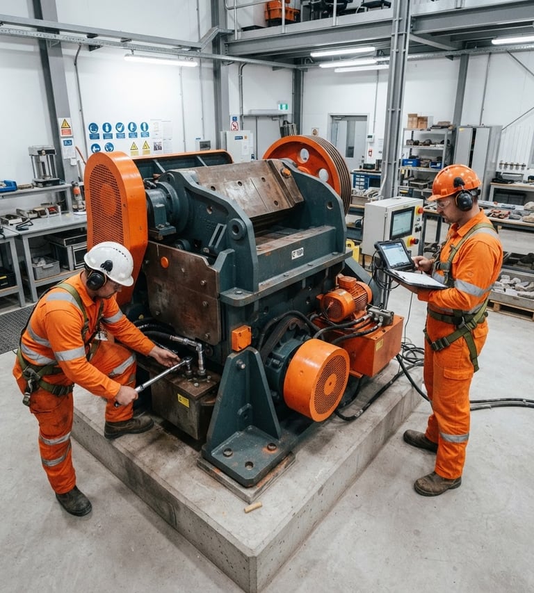 Wide shot of heavy-duty industrial jaw crusher in a clean, well-lit mine-site laboratory, engineers in safety gear performing calibration, focus on robust construction, high contrast, technical detail, safety orange accents, 50mm lens.