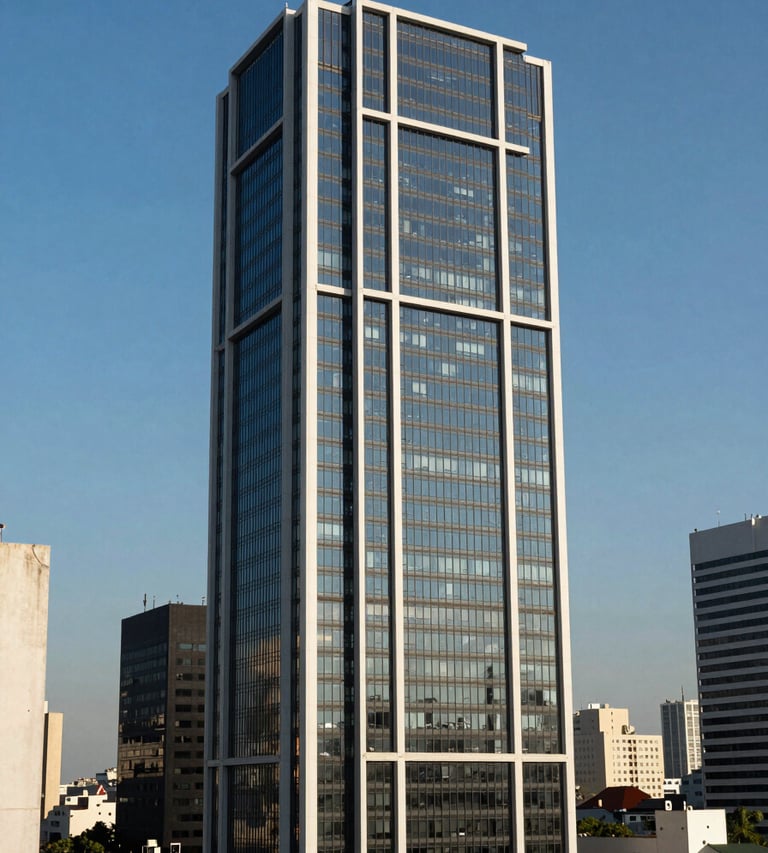 A high-angle architectural shot of a modern glass skyscraper in a financial district of a Latin American capital, clear blue sky, professional photography, colors including dark blue and off-white.