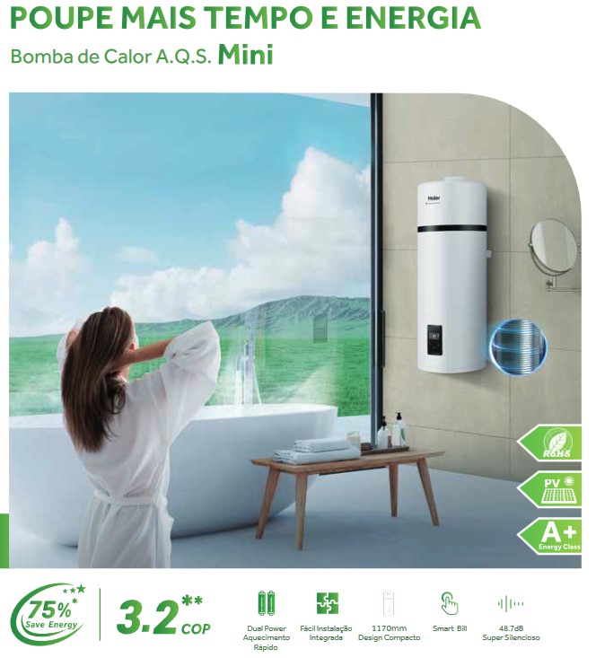 bomba de calor mini haier de rapida instalação de 80l  na Guarda, Castelo Branco com sede no Fundão.
