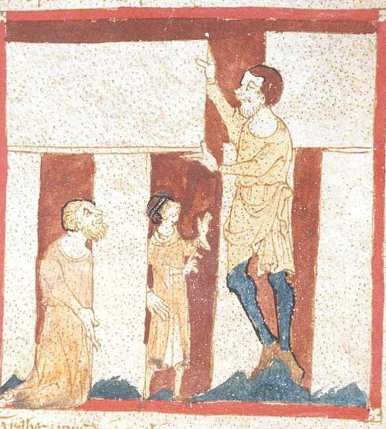 Oldest illustration of construction of Stonehenge by Merlin, a giant