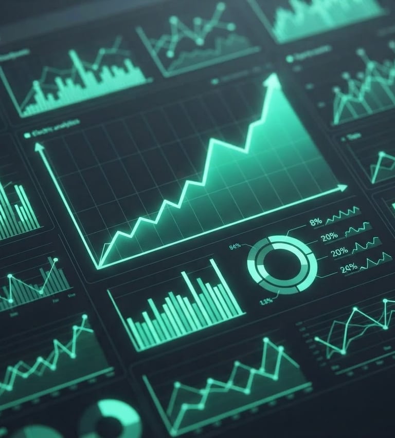 Close-up de um dashboard de analytics com gráficos de crescimento em tons de verde elétrico, sobre um fundo escuro, com foco em dados e métricas, iluminação de estúdio fria.