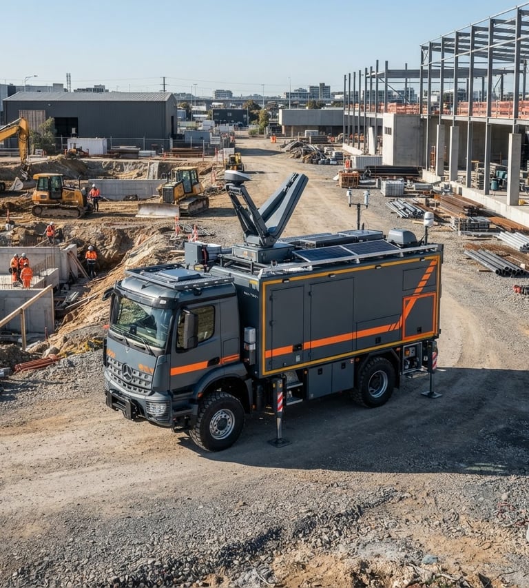 Technical commercial photography of a branded mobile ground-station vehicle parked on a structured civil construction site, high-contrast slate and orange tones, sharp focus, crisp daylight.