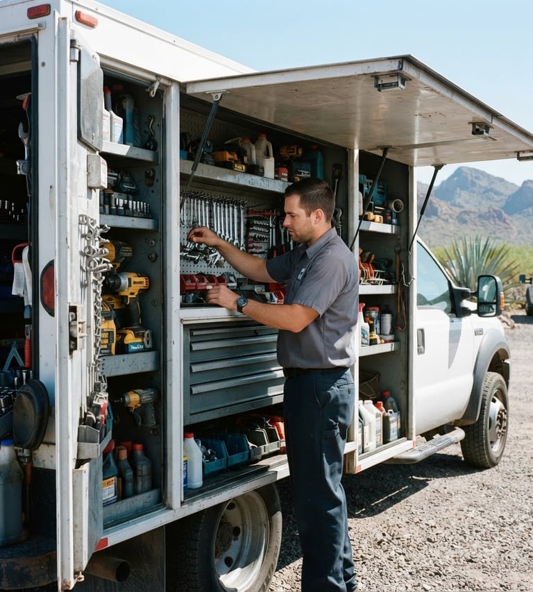 Fully stocked service truck with a uniformed technician organizing tools inside, seen from the side, under bright Arizona sun, cool shadows inside the truck, sharp focus.