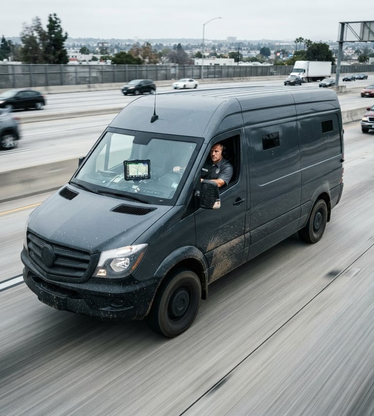 High-contrast, desaturated commercial photography of a secure transport vehicle (armored van) in motion on a highway, cool daylight, sharp focus, with subtle GPS telemetry overlay on a dashboard screen visible inside the cab, driver in professional uniform.