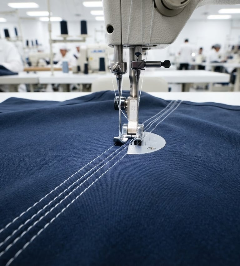 Wide shot of a clean, brightly lit garment production facility, focus on a precise double-needle stitching process on navy blue medical scrub fabric, high-key studio light, sharp macro detail, 50mm.