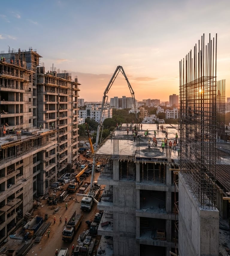 Wide panoramic shot of a modern residential construction site in Bengaluru at golden hour, concrete pouring in progress, structural steel reinforcement visible on the right, high-contrast sun and shadow.