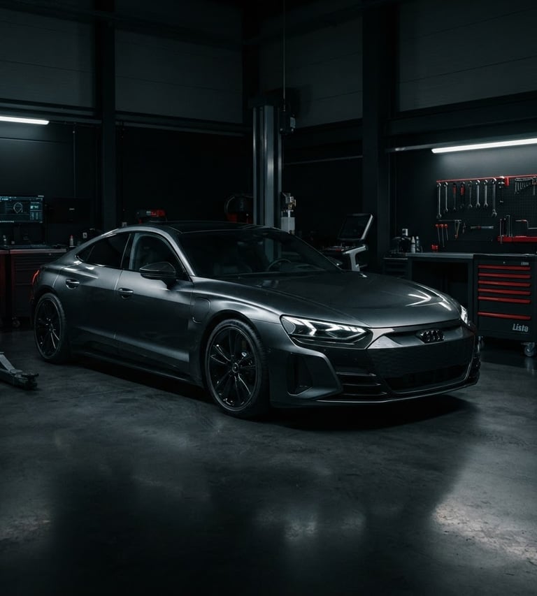 Wide shot of a modern European car (Audi, BMW, Volvo) in a clean, high-tech workshop bay, under dramatic low-key lighting, sharp focus on the car's lines, deep charcoal and black tones, red accents visible on tools or equipment, cinematic automotive photography, 50mm.