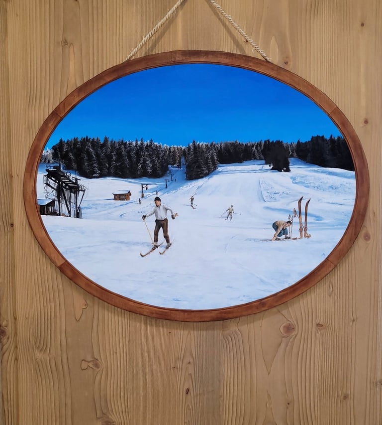 Ancienne piste de ski alpin du Jura peint en trompe-l'oeil sur une porte en bois.
