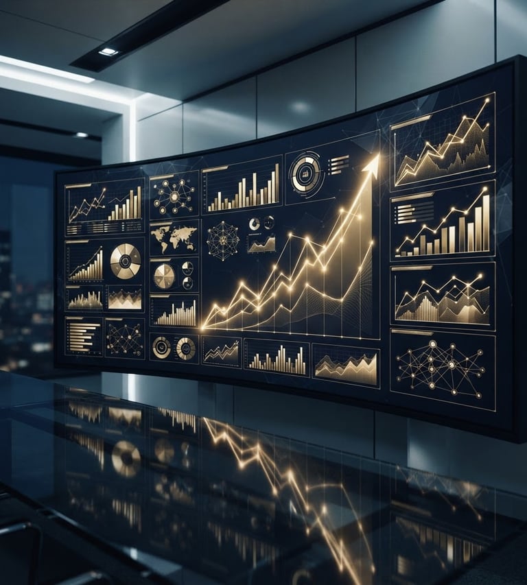 Sleek corporate photography, deep navy and metallic gold tones, sharp architectural lighting, wide-angle, cinematic 35mm. A sophisticated digital dashboard displaying growth curves and data visualizations in gold and white on a dark navy background, with subtle geometric patterns.