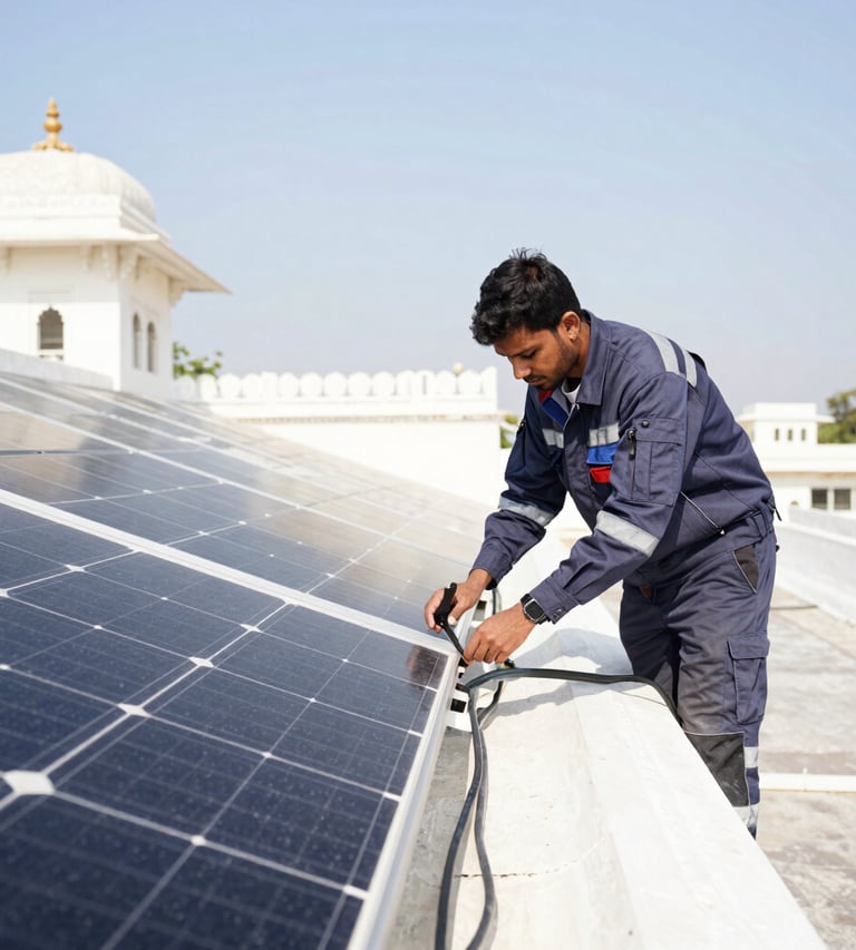Technician in branded gear inspecting neatly routed solar panel wiring on a rooftop in Udaipur, bright natural daylight, high-contrast cool tones, crisp architectural framing, 35mm lens.
