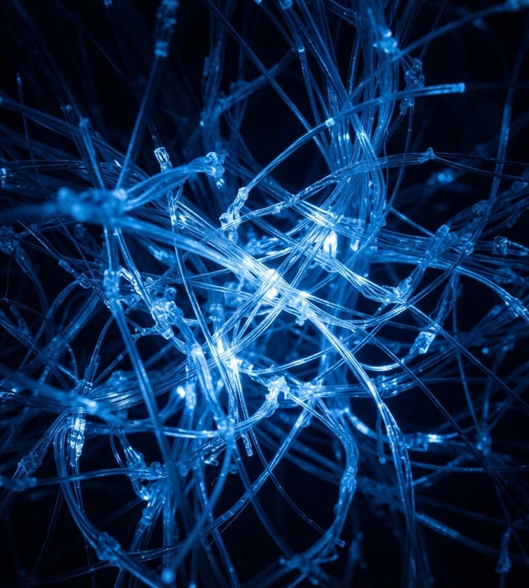 Extreme macro shot of quantum optical fibers, glowing with harsh blue light against a deep midnight background, high contrast.