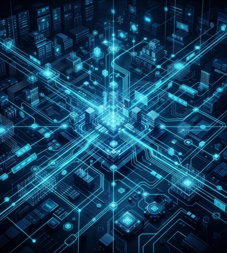 Abstract technical illustration of secure data flow and interconnected systems, glowing cyan lines on a dark blue background, wide angle, 35mm