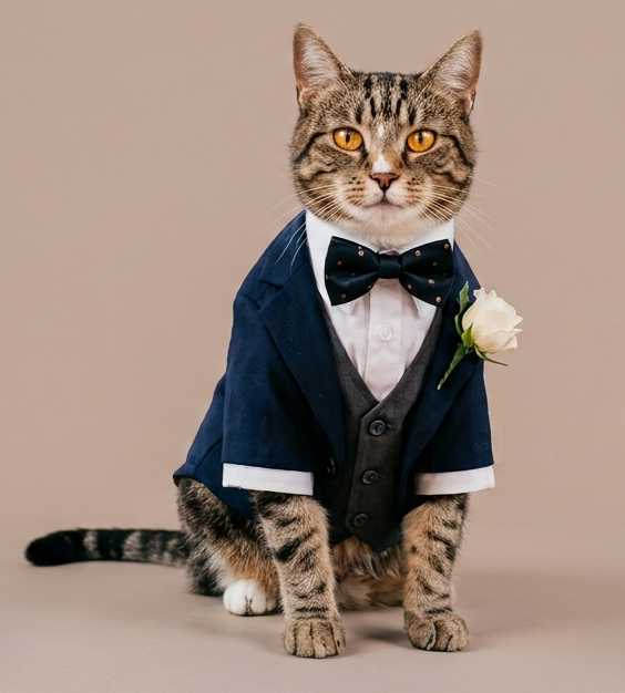 Gato atigrado ojos amarillos con traje azul con chaleco gris con moño azul y con una rosa en el traje