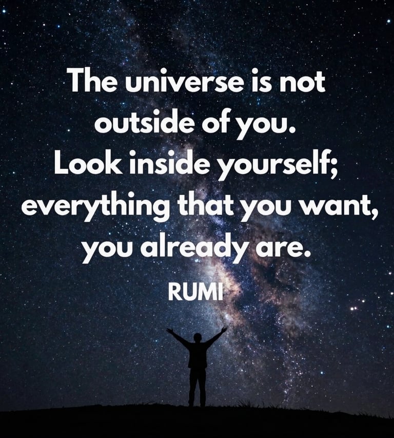 Inspirational Rumi quote about the universe and self-discovery over a starry night sky background.