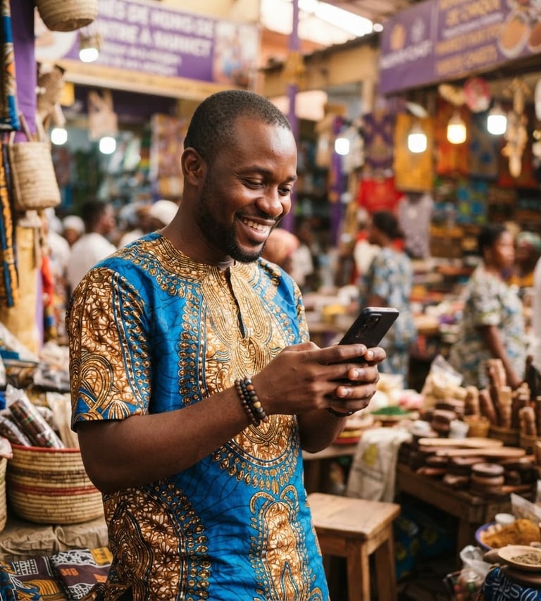 Entrepreneur ivoirien souriant utilisant un smartphone dans un marché local moderne, lumière naturelle chaude, couleurs vibrantes, faible profondeur de champ, violet et or en arrière-plan.