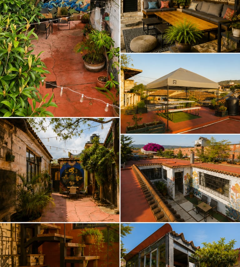 A collage showing a rustic boutique hostel with a colorful rooftop terrace, mural art, and cozy outdoor seating.