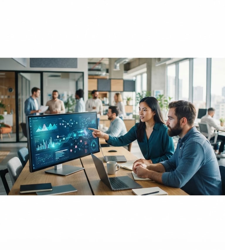 Wide panoramic of a modern, collaborative tech environment with clean lines and natural light, showing abstract data flows on screens, soft corporate blue and teal tones, shallow depth of field.