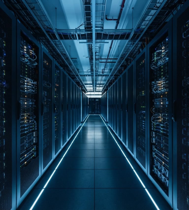 Wide architectural symmetry of server arrays with cold blue indicators, low-key azure neon lighting, dark slate tones, sharp macro details, 35mm lens