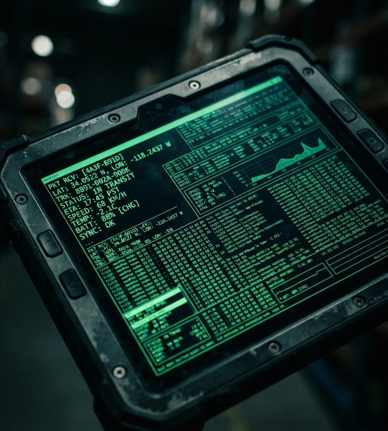 Close-up of a ruggedized Android tablet displaying real-time logistics data, with subtle neon green terminal glow, dark, high-contrast, macro focus.