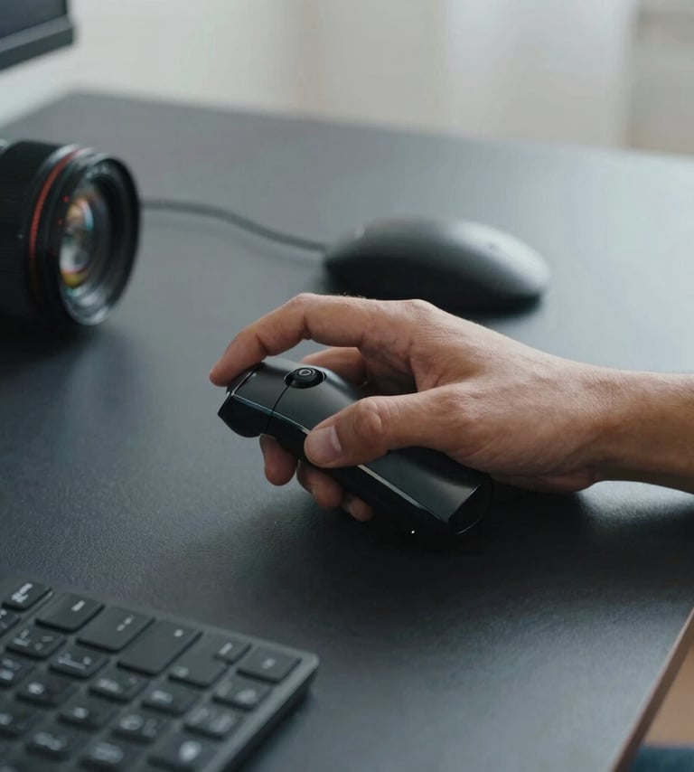 An action shot of an editor's hands using a professional jog-shuttle wheel on a sleek dark navy desk with soft mist lighting.