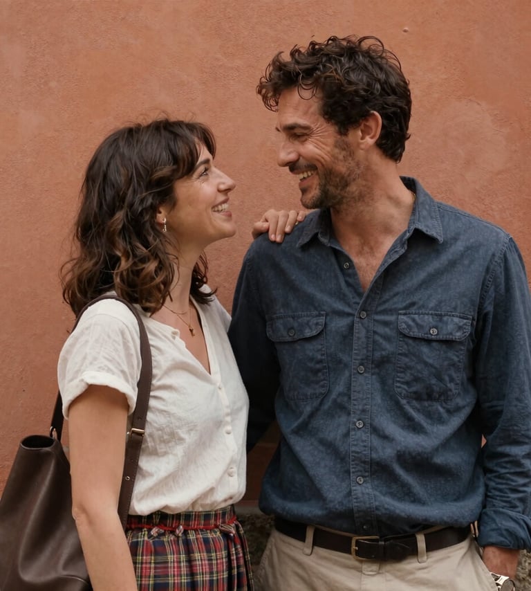 Candid medium shot of a man and woman sharing a private joke, standing near a terracotta wall, soft cinematic lighting, Southern European / Italian style attire.