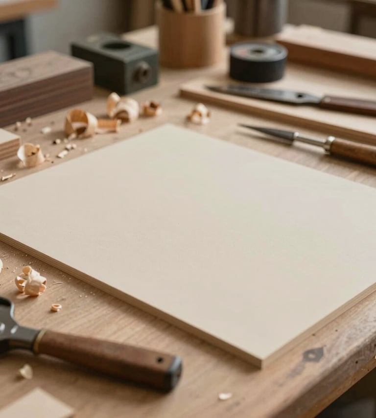 Artistic shot of an artisan's workbench with tools, wood shavings, and a partially finished laser engraving project. Warm earthy tones (#F8F3ED, #D4BEAE) and professional composition.