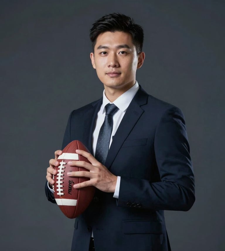 A studio portrait of the athlete in a formal pose holding a football, set against a clean #1C2B3A dark background. The lighting is sophisticated, emphasizing the professional and polished image of a high-tier recruit.