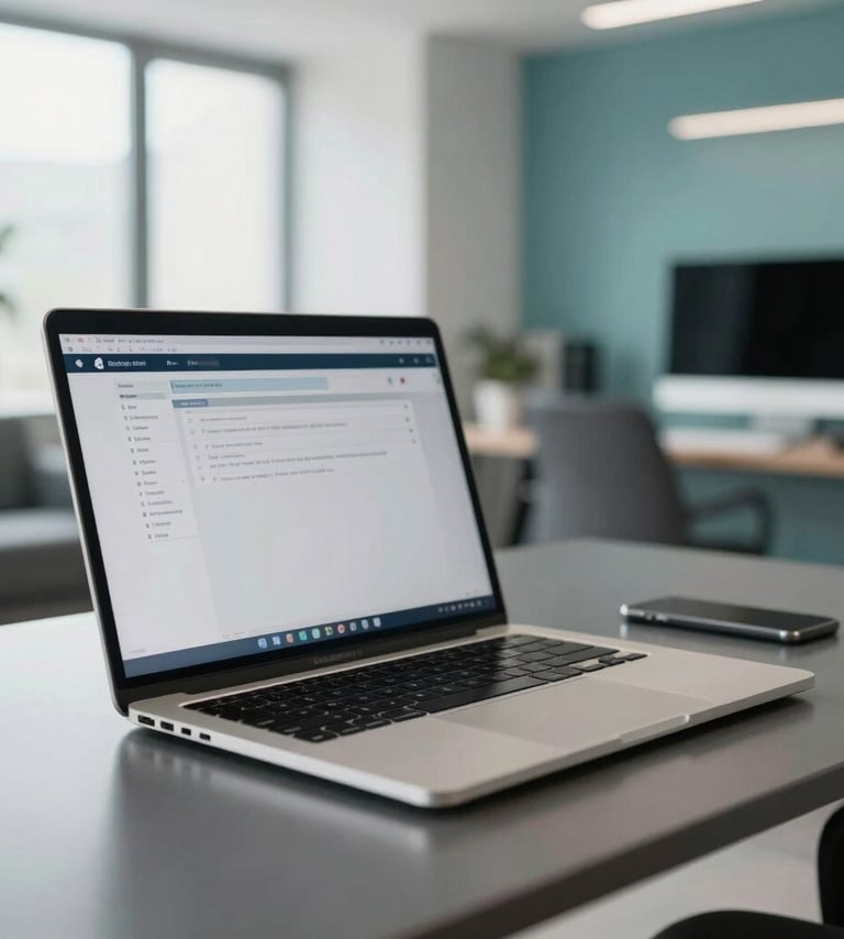 A professional workspace for a digital creator, featuring a high-end laptop on a polished dark gray desk. The background shows a modern, bright interior in a Global / Digital Professional setting, with soft teal accents.