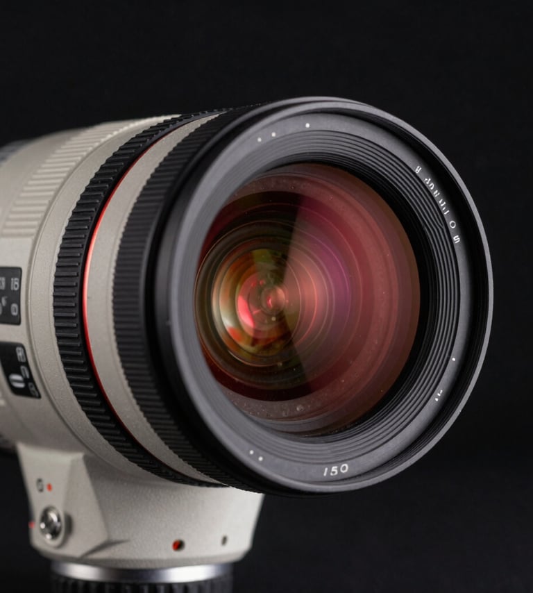 A close-up photograph of a professional cinema lens reflecting a faint vivid deep red glow. The background is a deep black studio, creating a mysterious and technical atmosphere. Soft off-white light catches the metallic edges of the camera gear.