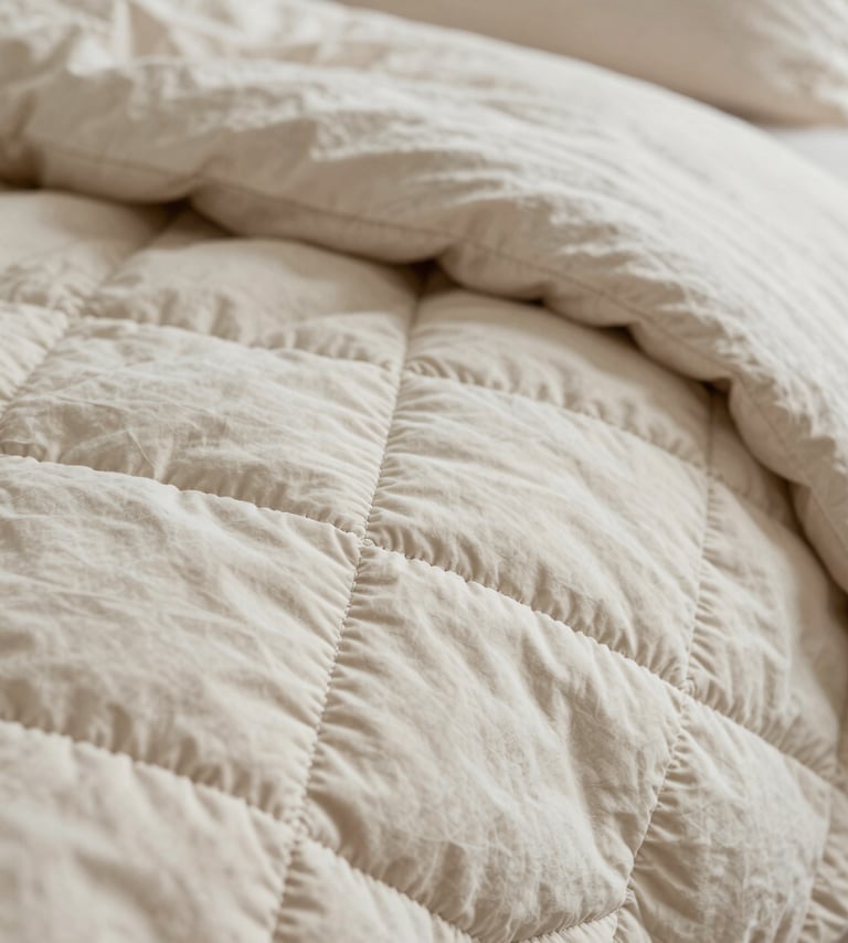 A close-up photograph showing the intricate hand-stitched patterns on a soft cream and warm taupe quilt. The lighting is soft and natural, coming from the side to highlight the raised texture of the fabric. The composition is a detailed macro shot of the stitching.