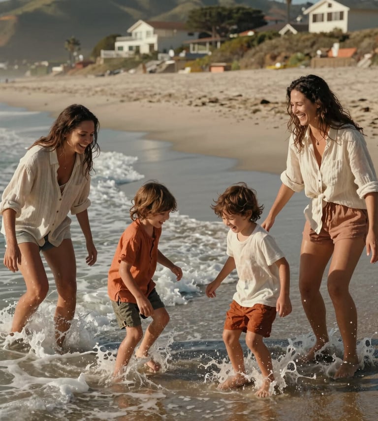 A lifestyle photography shot of a family of four playing in the shallow waves at a beach in California, North American / US setting. Candid laughter, sun-kissed skin, soft sand and terracotta accents in their casual linen clothing, cinematic natural light, shallow depth of field.