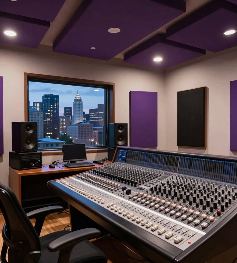 A sophisticated, moody photograph of a high-end music production studio in a North American city. The room features deep purple accent lighting and off-white walls. A sleek professional mixing console is in focus, while the background shows a cityscape through a window at dusk.
