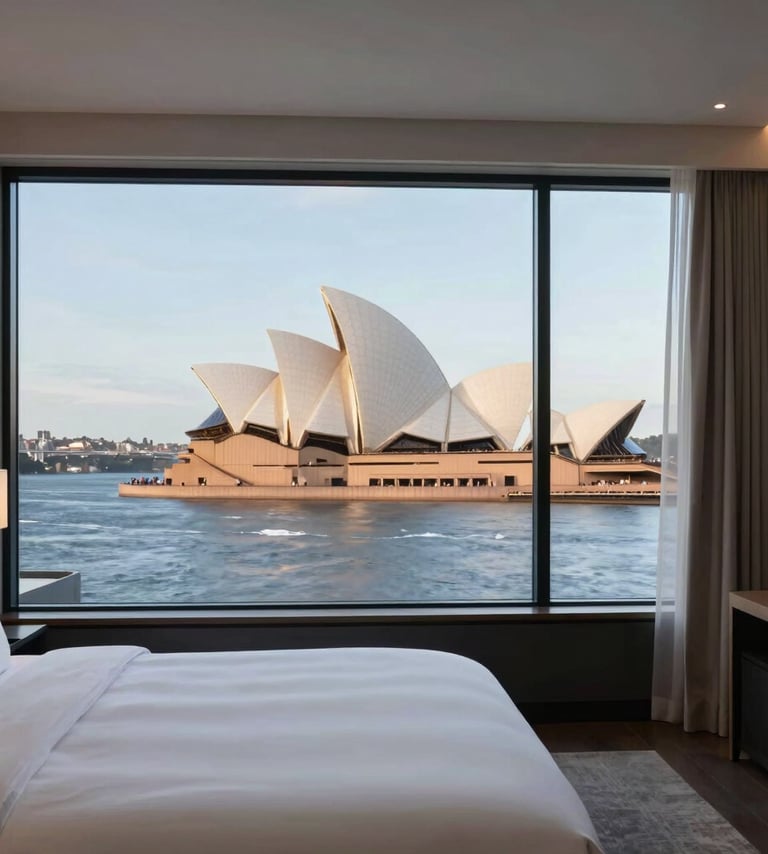 A professional interior photograph of a premium hotel suite overlooking the Sydney Opera House. The room is styled with white and grey linens, minimal decor, and bathed in the soft, blue-hour light of early evening.