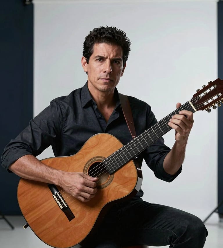 A sophisticated professional portrait of a Latin American / Spanish male musician holding a classical guitar, sitting in a minimalist studio with Soft White walls and Dark Navy shadows. High-quality lighting, modern artistic mood.