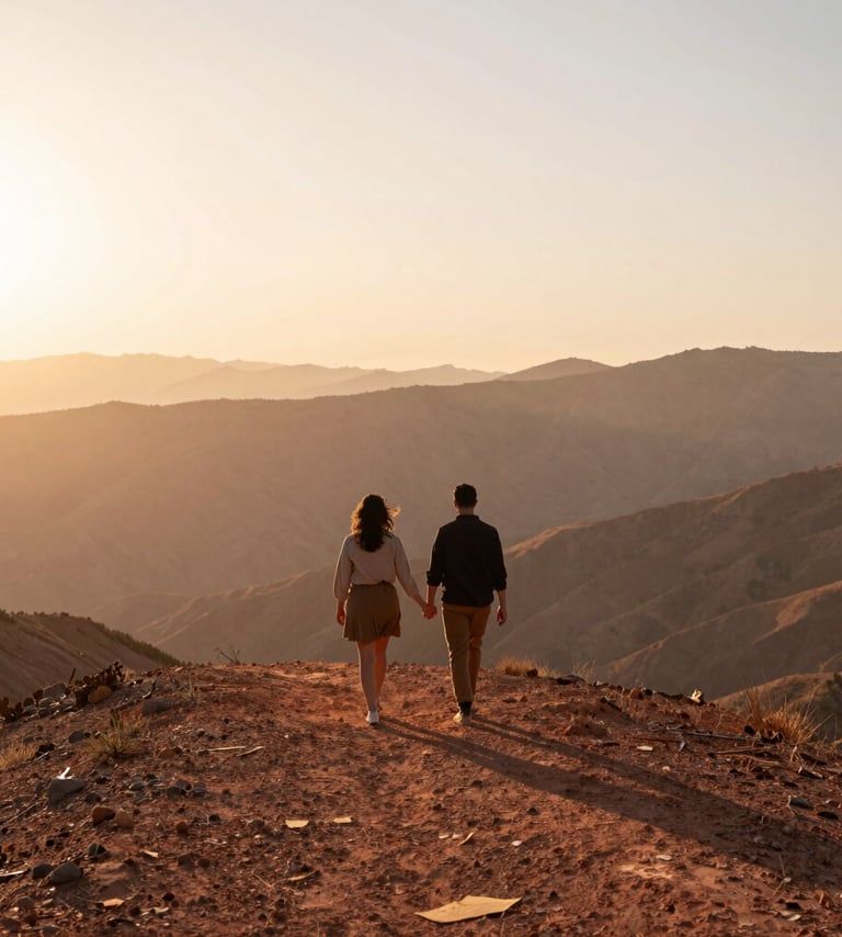 A cinematic, wide-angle shot of a couple walking hand-in-hand across a mountain ridge. The sun is low, casting a warm terracotta glow across the landscape. The atmosphere is hazy and sun-drenched. The couple wears earthy brown and soft sand tones.