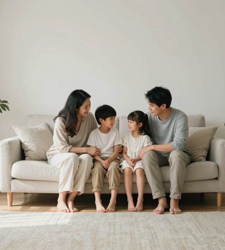 A warm and intimate portrait of a family sharing a quiet moment in a minimalist, sunlit living room in North America. The scene is clean and professional, utilizing soft off-white and light warm grey tones to emphasize emotional depth.