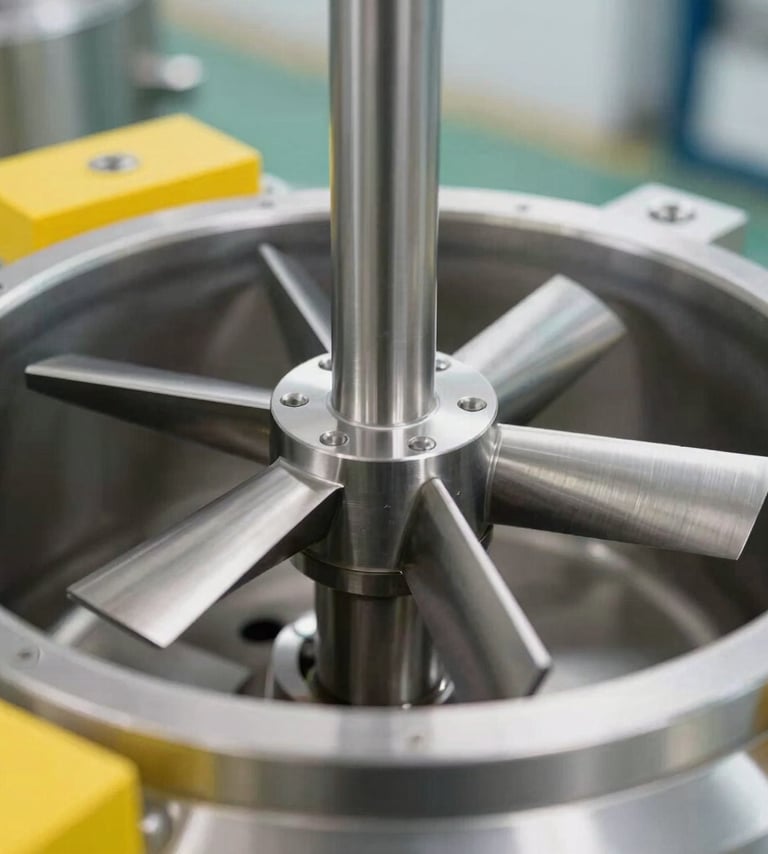 Close-up of a high-precision stainless steel industrial agitator impeller blade inside a clean chemical mixing tank, sharp depth of field, cool industrial lighting, brushed silver surfaces.