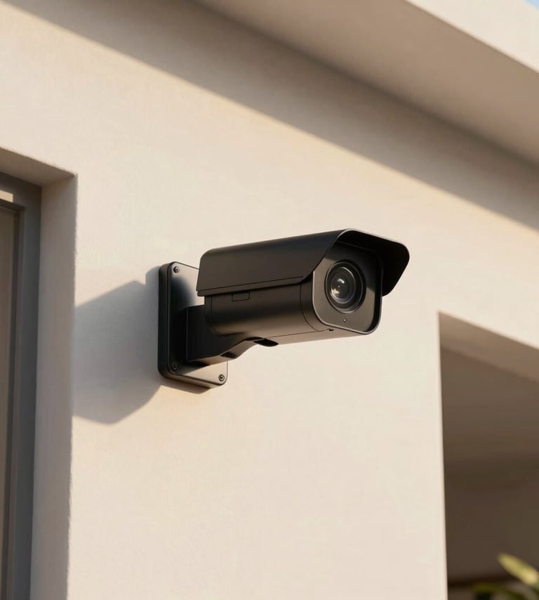 A sleek, modern security camera in Deep Black mounted on a clean Off-white wall of a contemporary South American / Brazilian home. The scene is bathed in warm, golden afternoon sunlight with soft shadows.