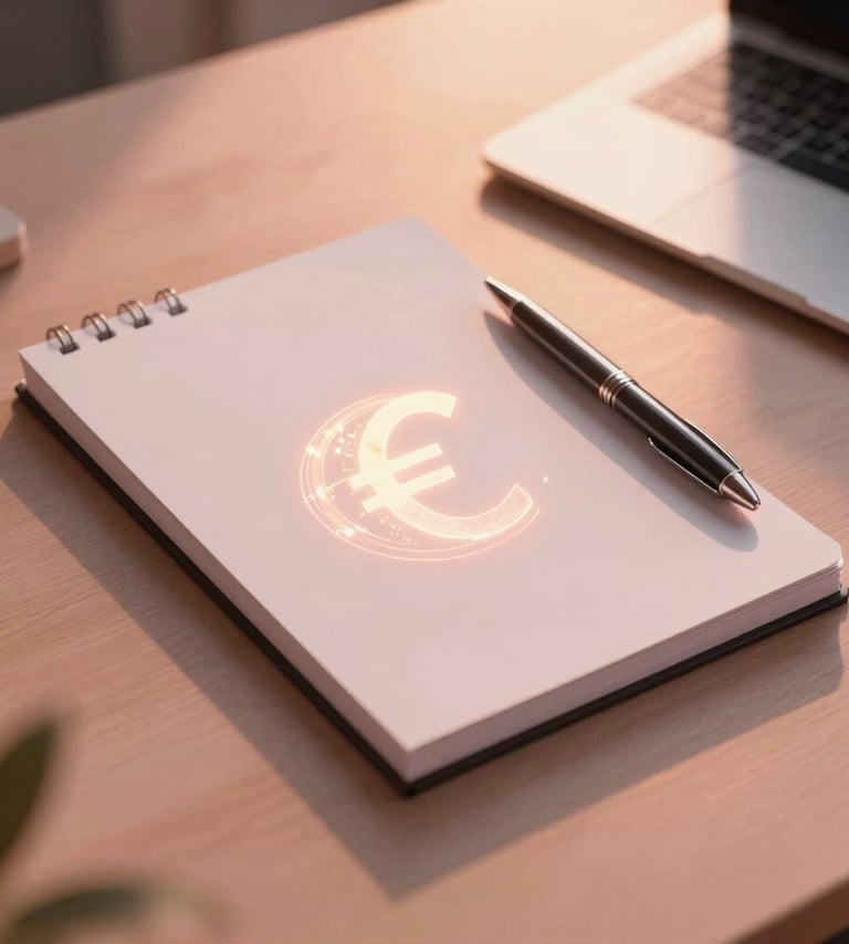 A sophisticated International / Western office desk bathed in warm peach sunset and dusty rose sunset lighting, featuring a clean minimalist notepad, elegant pen, and a subtle glowing abstract representation of global currency, modern, feminine aesthetic.