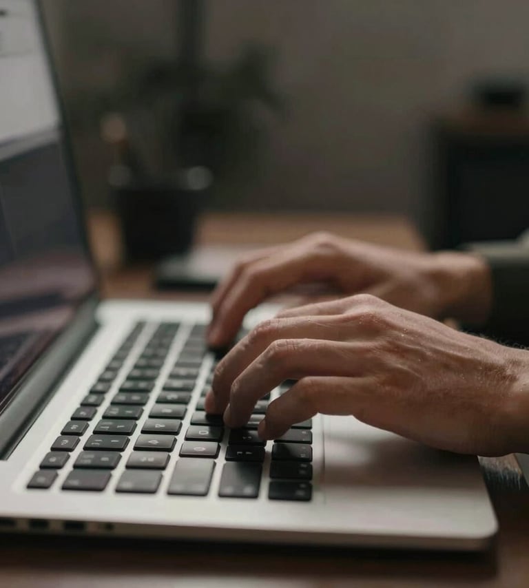 Close-up of human hands typing on a sleek keyboard in a low-lit, sophisticated room. The focus is on the movement, giving a spontaneous and cinematic feel. Palette includes #3A3F3B and #C1C4BF.