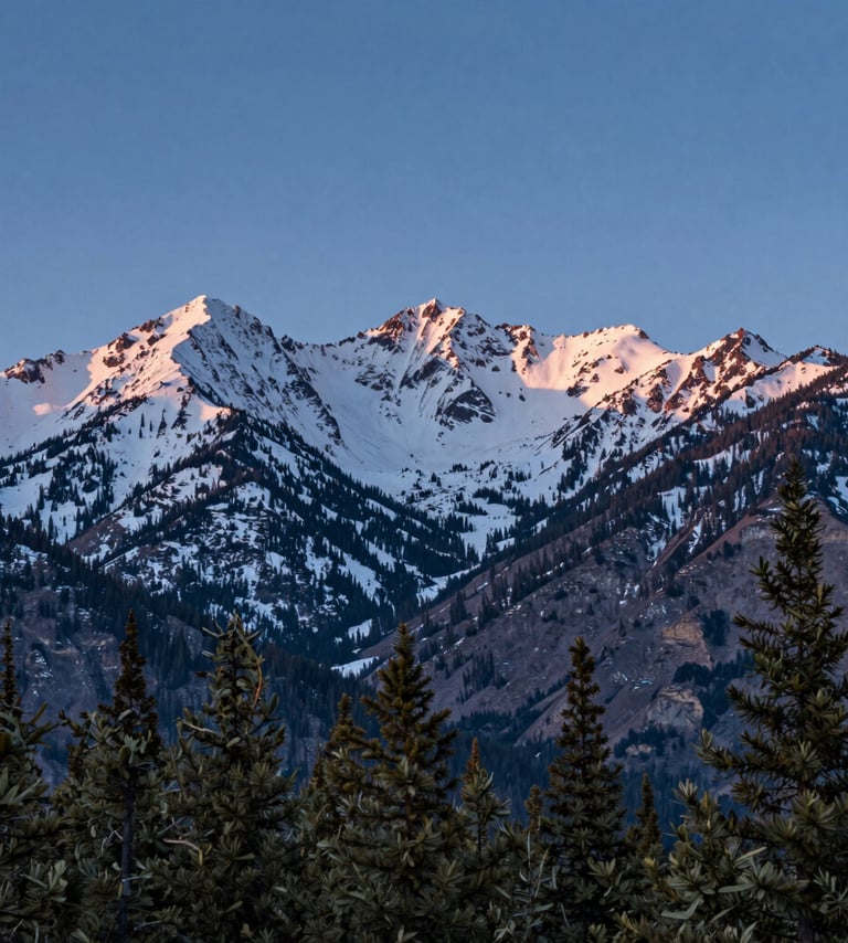 A breathtaking wide-angle landscape of a North American / US mountain range during the blue hour. The peaks are dusted with snow, reflecting soft light. The foreground features muted olive green pine trees. The composition is clean and artistic, evoking a sophisticated and calm atmosphere.